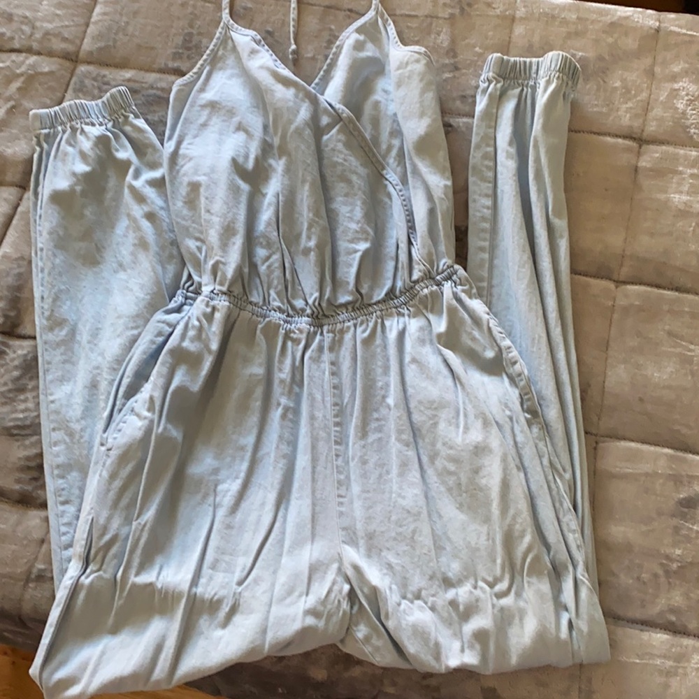 Mimi chica halter jean like material jumpsuit